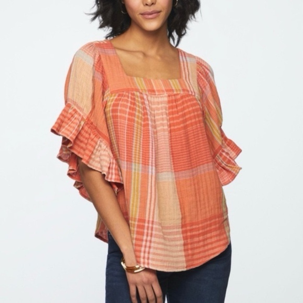 beachlunchlounge Naomi Orange Plaid Cotton Ruffle Blouse Women’s Size Large